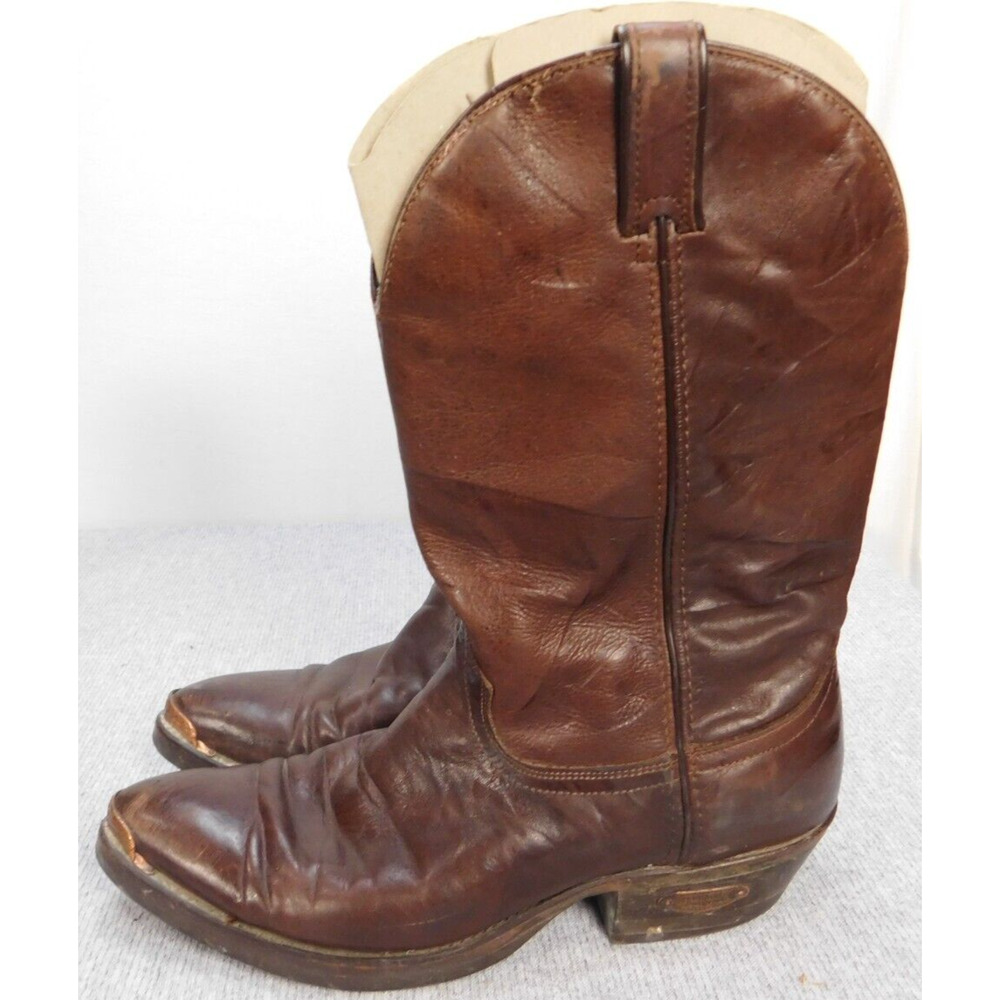 Vtg Code West Cowhide Cowboy Boots Leather Brown Mens 10.5 W/ Brass Tips Toe